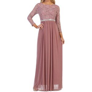 Celavie Long Bodice Lace & Chiffon Gown With Sequin Rhinestone Mauve Large
